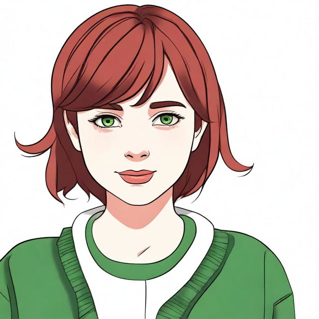 Create an image of a teenage girl with short brown hair and green eyes, wearing a red cardigan