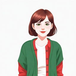 Create an image of a teenage girl with short brown hair and green eyes, wearing a red cardigan