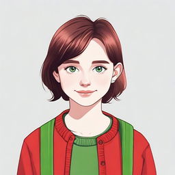 Create an image of a teenage girl with short brown hair and green eyes, wearing a red cardigan