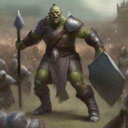 A towering green half-orc warrior clad in gleaming chain mail, wielding a massive halberd, stands victorious in a gladiatorial arena as the crowd cheers on