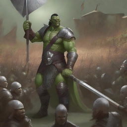 A towering green half-orc warrior clad in gleaming chain mail, wielding a massive halberd, stands victorious in a gladiatorial arena as the crowd cheers on