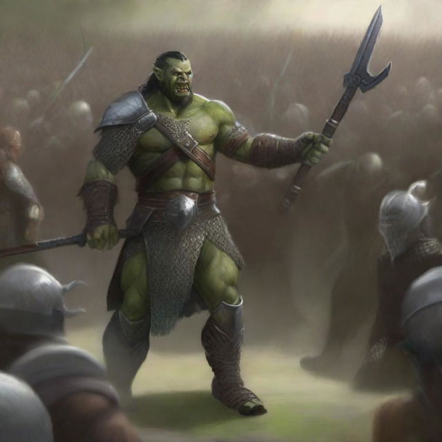 A towering green half-orc warrior clad in gleaming chain mail, wielding a massive halberd, stands victorious in a gladiatorial arena as the crowd cheers on