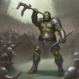 A towering green half-orc warrior clad in gleaming chain mail, wielding a massive halberd, stands victorious in a gladiatorial arena as the crowd cheers on