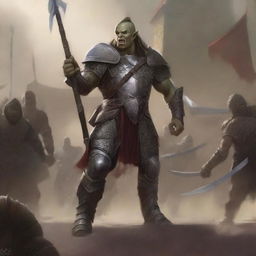 A towering half-orc warrior clad in gleaming chain mail, wielding a massive halberd, stands victorious in a gladiatorial arena as the crowd cheers on