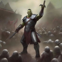 A towering half-orc warrior clad in gleaming chain mail, wielding a massive halberd, stands victorious in a gladiatorial arena as the crowd cheers on