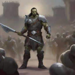 A towering half-orc warrior clad in gleaming chain mail, wielding a massive halberd, stands victorious in a gladiatorial arena as the crowd cheers on