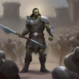 A towering half-orc warrior clad in gleaming chain mail, wielding a massive halberd, stands victorious in a gladiatorial arena as the crowd cheers on