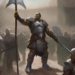 A towering half-orc warrior clad in gleaming chain mail, wielding a massive halberd, stands victorious in a gladiatorial arena as the crowd cheers on