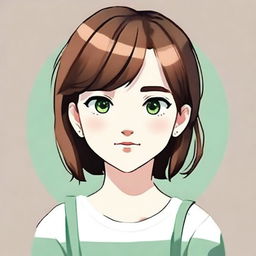 Create a cute avatar of a 17-year-old girl with short brown hair and green eyes