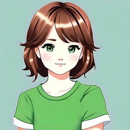 Create a cute avatar of a 17-year-old girl with short brown hair and green eyes