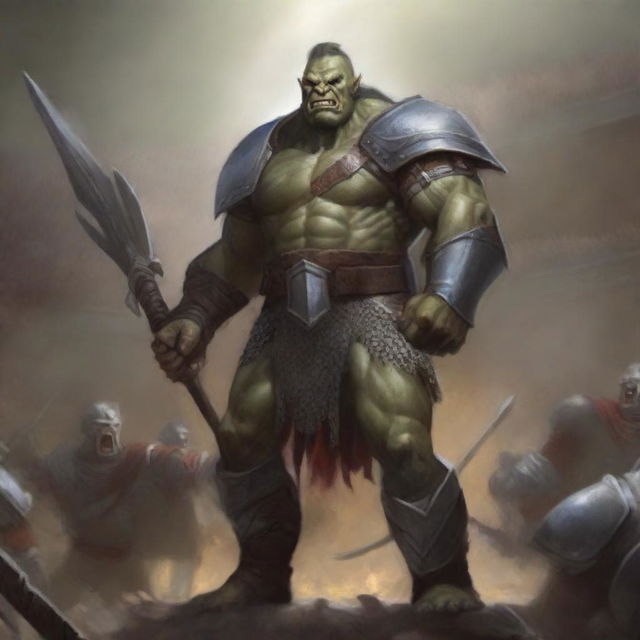 A towering, large, very muscular half-orc warrior in gleaming chain mail, wielding a massive halberd, stands victorious in a gladiatorial arena as the crowd cheers on