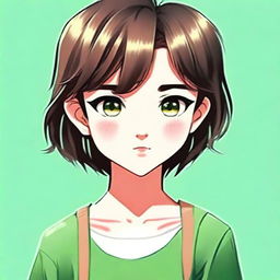 Create a cute avatar of a 17-year-old girl with short brown hair and green eyes, ensuring she is not wearing a green outfit