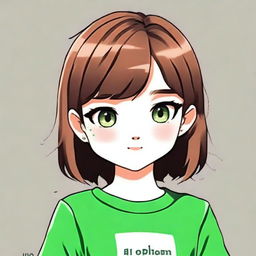 Create a cute avatar of a 17-year-old girl with short brown hair and green eyes, ensuring she is not wearing a green outfit