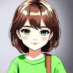 Create a cute avatar of a 17-year-old girl with short brown hair and green eyes, ensuring she is not wearing a green outfit