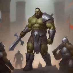 A towering, large, very muscular half-orc warrior in gleaming chain mail, wielding a massive halberd, stands victorious in a gladiatorial arena as the crowd cheers on