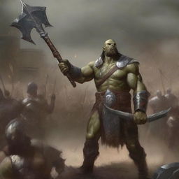 A towering, large, very muscular half-orc warrior in gleaming chain mail, wielding a massive halberd, stands victorious in a gladiatorial arena as the crowd cheers on