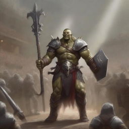 A towering, large, very muscular half-orc warrior in gleaming chain mail, wielding a massive halberd, stands victorious in a gladiatorial arena as the crowd cheers on