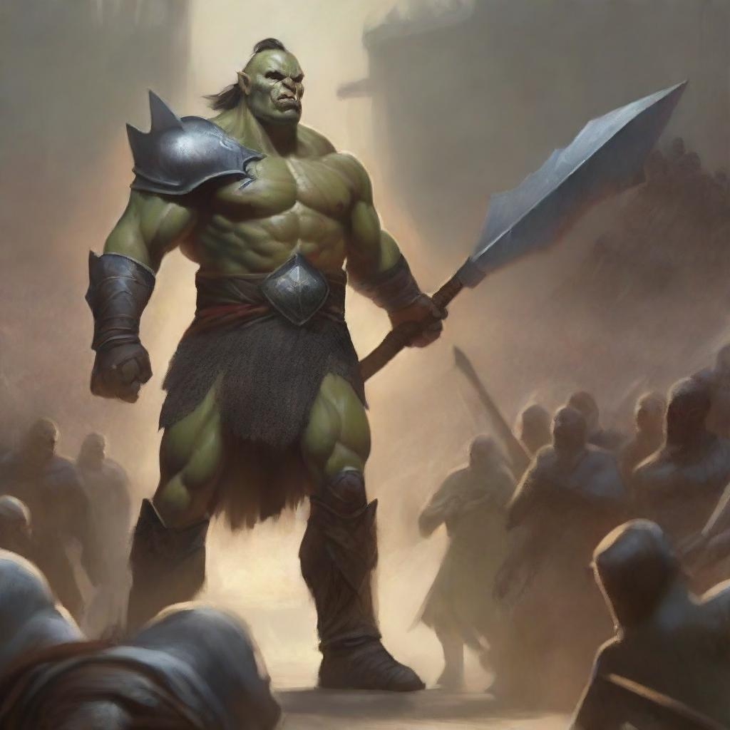 A towering, large, very muscular half-orc warrior in gleaming chain mail, wielding a massive halberd, stands victorious in a gladiatorial arena as the crowd cheers on