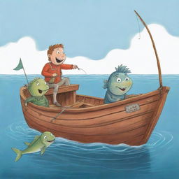 A jovial, uncomplicated cartoon illustration for a children's book mode picturing the unlikely encounter of Finn and Fiona with Freddie, the storytelling fish, onboard their simple fishing boat.