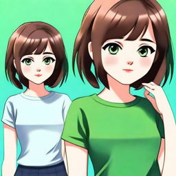 Create a cute avatar of a 17-year-old girl with short brown hair and green eyes, ensuring she is not wearing a green outfit