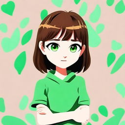 Create a cute avatar of a 17-year-old girl with short brown hair and green eyes, ensuring she is not wearing a green outfit