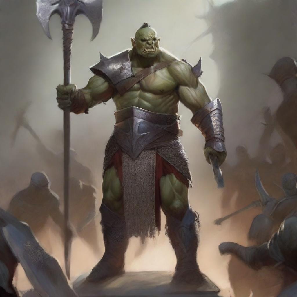 A towering, large, very muscular half-orc warrior in gleaming chain mail, wielding a massive halberd, stands victorious in a gladiatorial arena as the crowd cheers on