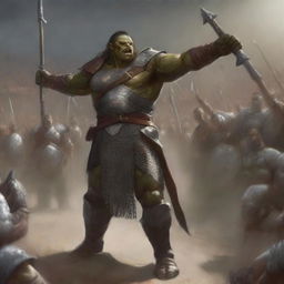 A towering, large, very muscular half-orc warrior in gleaming chain mail, wielding a massive halberd, stands victorious in a gladiatorial arena as the crowd cheers on