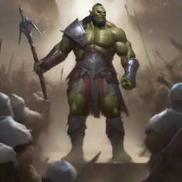 A towering, large, very muscular half-orc warrior in gleaming chain mail, wielding a massive halberd, stands victorious in a gladiatorial arena as the crowd cheers on