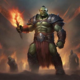 Captivating digital artwork of a towering Half Orc Champion standing in an arena, raging in glory with fire surrounding him