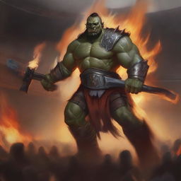 Captivating digital artwork of a towering Half Orc Champion standing in an arena, raging in glory with fire surrounding him