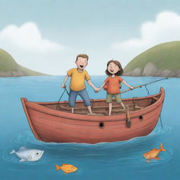 A jovial, uncomplicated cartoon illustration for a children's book mode picturing the unlikely encounter of Finn and Fiona with Freddie, the storytelling fish, onboard their simple fishing boat.