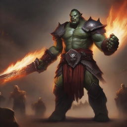 Captivating digital artwork of a towering Half Orc Champion standing in an arena, raging in glory with fire surrounding him