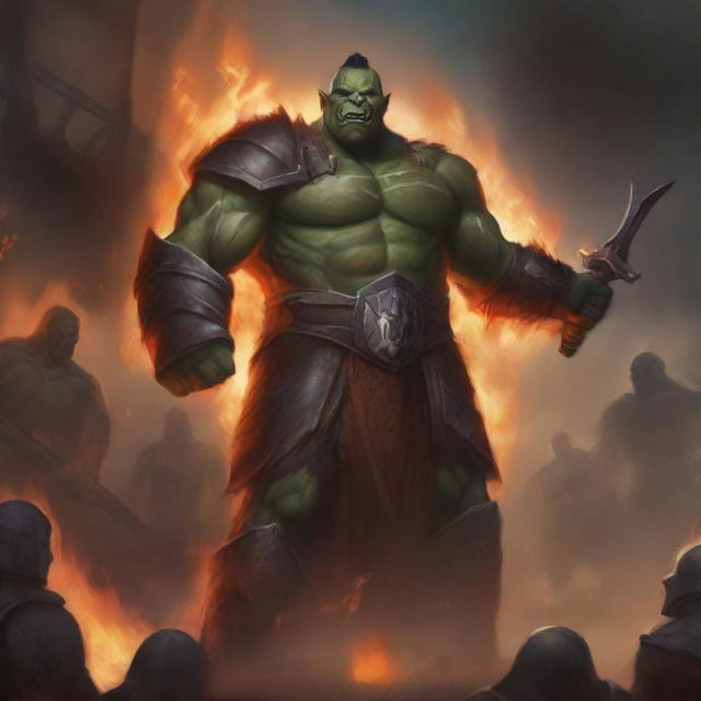 Captivating digital artwork of a towering Half Orc Champion standing in an arena, raging in glory with fire surrounding him