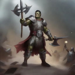 A huge towering half-orc warrior clad in gleaming chain mail, wielding a massive halberd, stands victorious in a gladiatorial arena