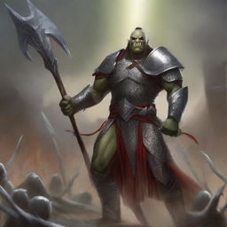 A huge towering half-orc warrior clad in gleaming chain mail, wielding a massive halberd, stands victorious in a gladiatorial arena