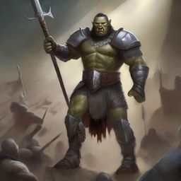 A huge towering half-orc warrior clad in gleaming chain mail, wielding a massive halberd, stands victorious in a gladiatorial arena