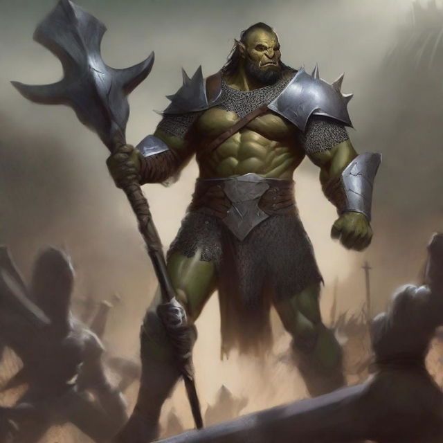 A huge towering half-orc warrior clad in gleaming chain mail, wielding a massive halberd, stands victorious in a gladiatorial arena