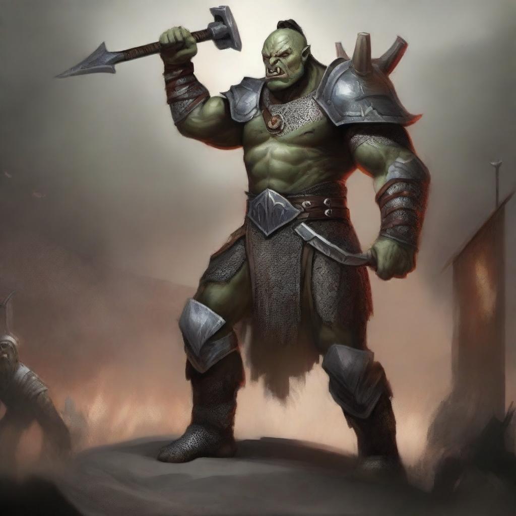 A huge towering half-orc warrior clad in gleaming chain mail, wielding a massive halberd, stands victorious in a gladiatorial arena