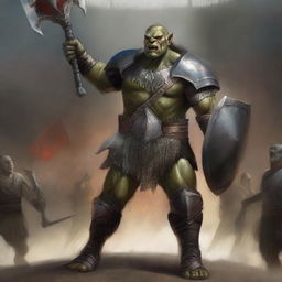 A huge towering half-orc warrior clad in gleaming chain mail, wielding a massive halberd, stands victorious in a gladiatorial arena