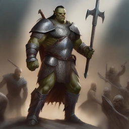 A huge towering half-orc warrior clad in gleaming chain mail, wielding a massive halberd, stands victorious in a gladiatorial arena