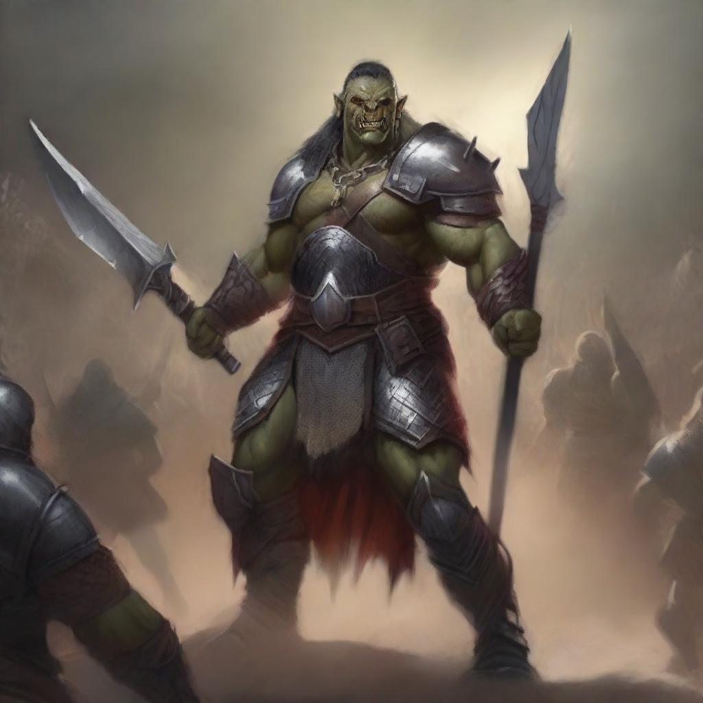 A huge towering half-orc warrior clad in gleaming chain mail, wielding a massive halberd, stands victorious in a gladiatorial arena