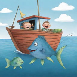 A jovial, uncomplicated cartoon illustration for a children's book mode picturing the unlikely encounter of Finn and Fiona with Freddie, the storytelling fish, onboard their simple fishing boat.