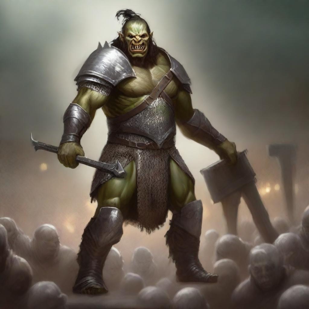 A huge towering half-orc warrior clad in gleaming chain mail, wielding a massive halberd, stands victorious in a gladiatorial arena