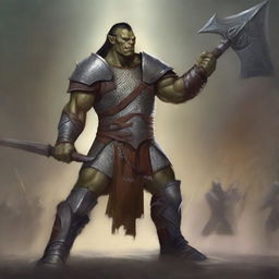 A huge towering half-orc warrior clad in gleaming chain mail, wielding a massive halberd, stands victorious in a gladiatorial arena