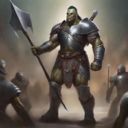 A huge towering half-orc warrior clad in gleaming chain mail, wielding a massive halberd, stands victorious in a gladiatorial arena