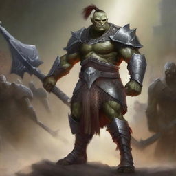 A huge towering half-orc warrior clad in gleaming chain mail, wielding a massive halberd, stands victorious in a gladiatorial arena