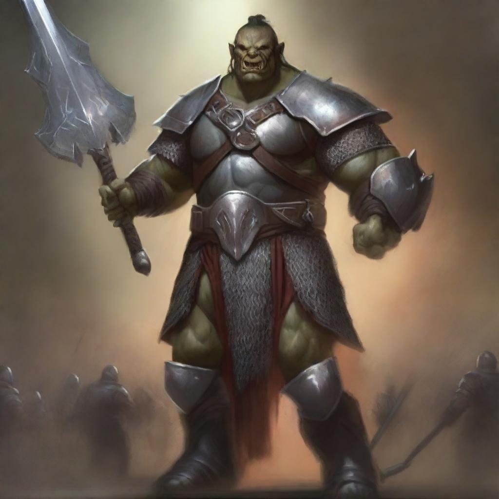 A huge towering half-orc warrior clad in gleaming chain mail, wielding a massive halberd, stands victorious in a gladiatorial arena