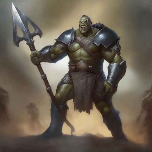 A huge towering half-orc warrior clad in gleaming chain mail, wielding a massive halberd, stands victorious in a gladiatorial arena