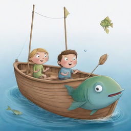 A jovial, uncomplicated cartoon illustration for a children's book mode picturing the unlikely encounter of Finn and Fiona with Freddie, the storytelling fish, onboard their simple fishing boat.