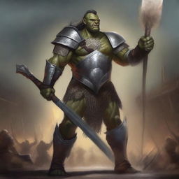 A huge towering half-orc warrior clad in gleaming chain mail, wielding a massive halberd, stands victorious in a gladiatorial arena